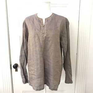 Yvaraj Blue Brown Linen Embroidered Tunic